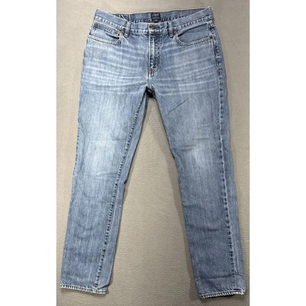 J Crew The Driggs Jeans Mens Sz 33x32 Slim Straight Faded Whiskered Preppy Denim